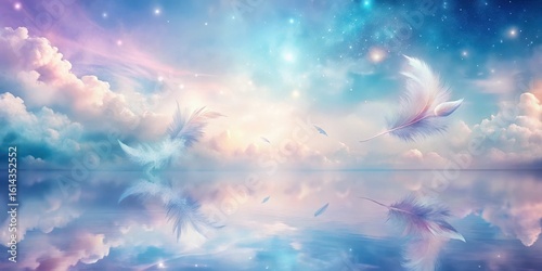 Ethereal Feathers Drifting Across a Serene, Pastel Sky Reflected in a Calm Body of Water, Creating a Dreamlike and Peaceful Atmosphere