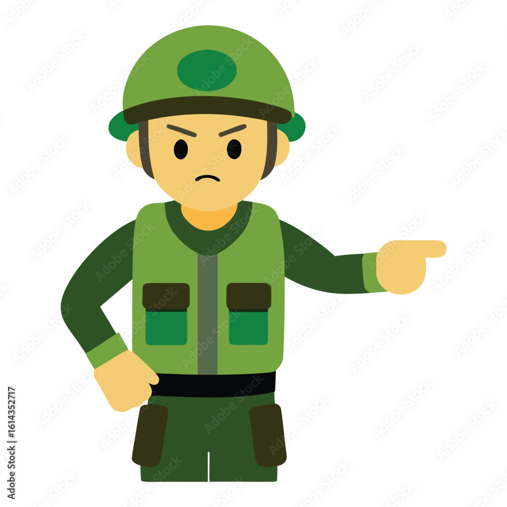 Angry Cartoon Soldier Pointing Right in Green Uniform and Helmet Illustration Angry Cartoon Soldier Pointing Right in Green Uniform and Helmet Illustration