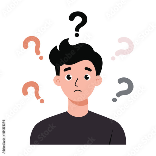 Puzzled Man Surrounded by Question Marks Illustration, Confusion, Asking, Thinking, Uncertainty