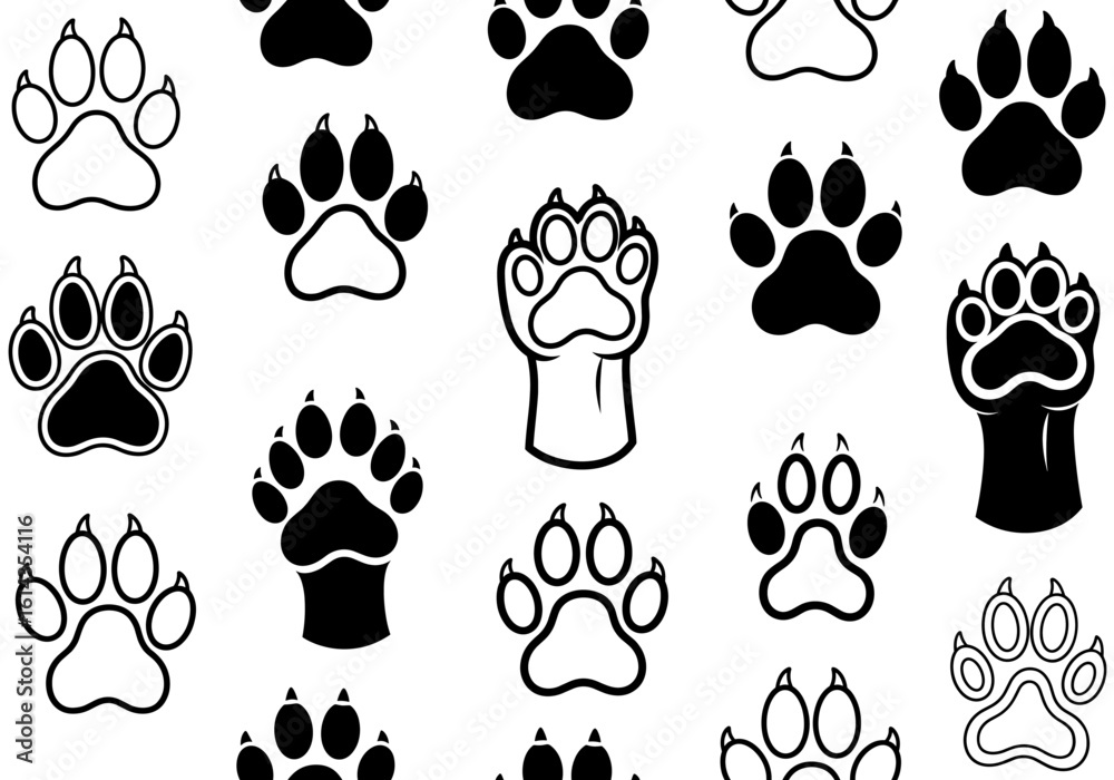 Fototapeta premium Seamless pattern featuring hand-drawn black dog paw icons in varied styles and shapes with bold outlines and solid fills on a clean white background. Perfect for pet branding, stickers, and web design