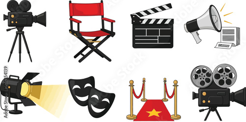 Illustration of movie making elements including camera chair and masks