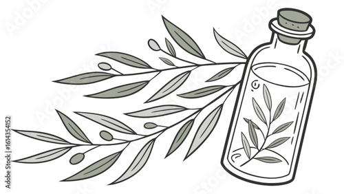 Olive oil bottle with olive branch vector illustration for healthy food and beauty product