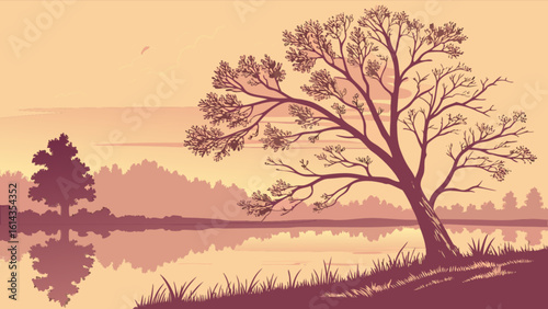Vector landscape illustration of a scenic lake with trees and reflection at sunset