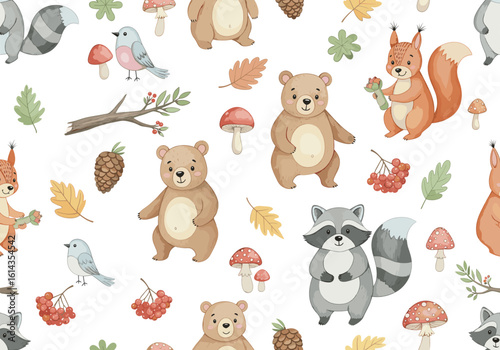 Seamless pattern featuring hand-drawn cuddly teddy bear faces in soft brown tones with rosy cheeks. Includes hearts, paw prints, bows, and flowers on a clean white background. Perfect for baby textile