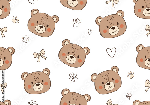 Seamless pattern featuring hand-drawn cuddly teddy bear faces in soft brown tones with rosy cheeks. Includes hearts, paw prints, bows, and flowers on a clean white background. Perfect for baby textile