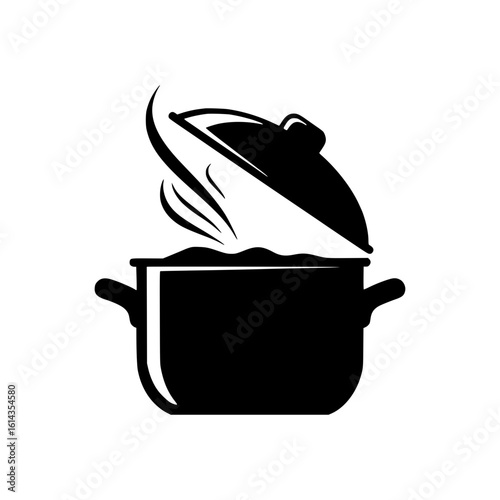 solid black vector of a cooking pot with the lid slightly open and steam coming out