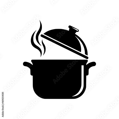 solid black vector of a cooking pot with the lid slightly open and steam coming out