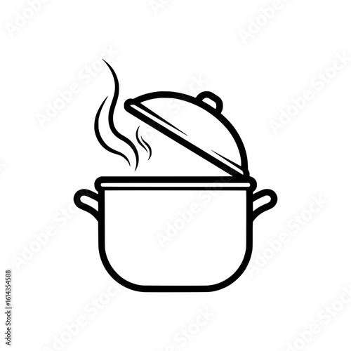 outline vector of a cooking pot with the lid slightly open and steam coming out