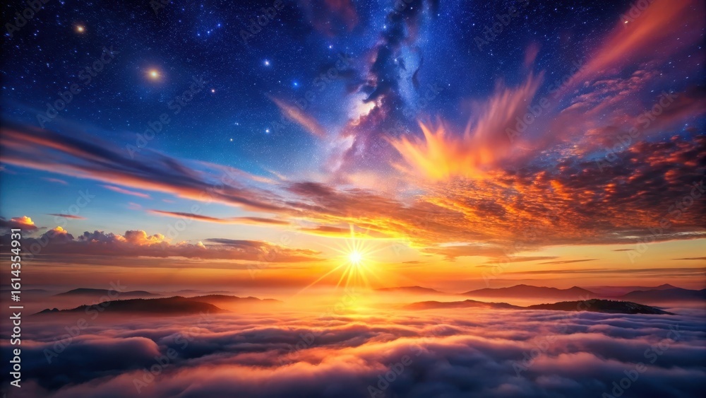 Fototapeta premium A Majestic Sunrise Over a Sea of Clouds with a Starry Sky Above
