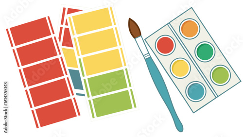 Watercolor paint set with brush and color swatches for art and craft projects design