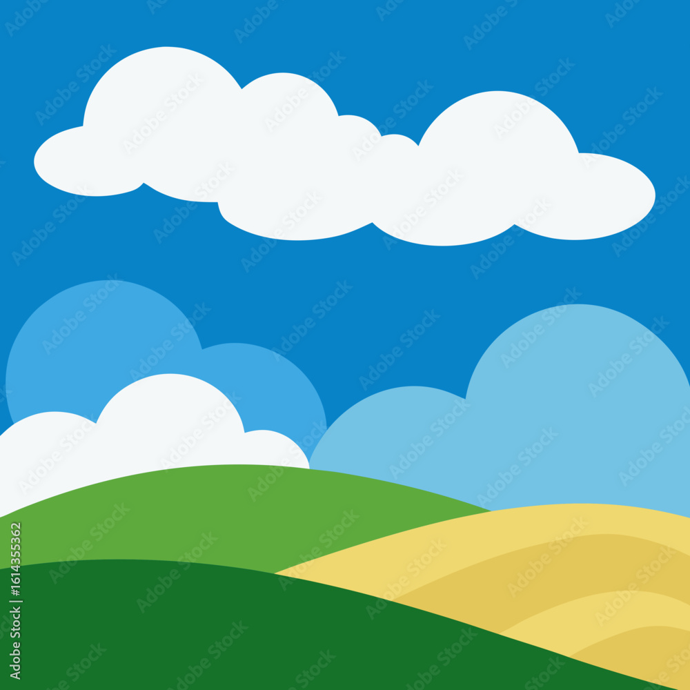Obraz premium Stylized rolling hills under a blue sky with clouds