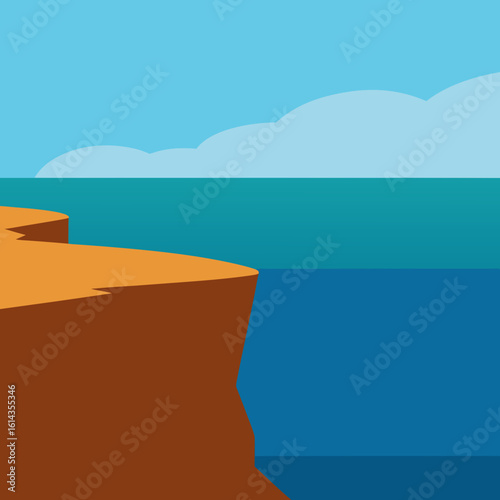 Stylized cliff overlooking a calm blue ocean under a cloudy sky