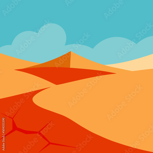 Vibrant desert landscape with cracked earth and distant dunes