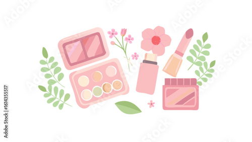 Beauty products makeup cosmetics skincare floral arrangement flat lay illustration