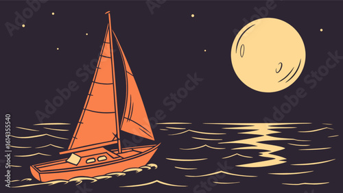 Night sailing adventure: orange sailboat on ocean waves under moonlight and starry sky