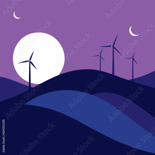 Wind turbines silhouetted against a large moon and purple sky