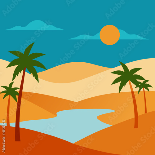 Stylized desert oasis with palm trees and a water source