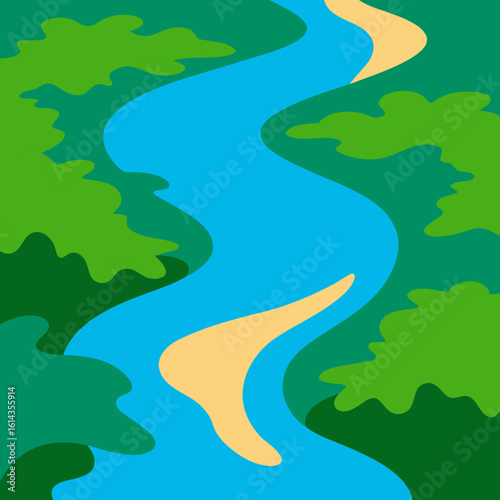 Abstract winding river through lush green forest with sandy banks