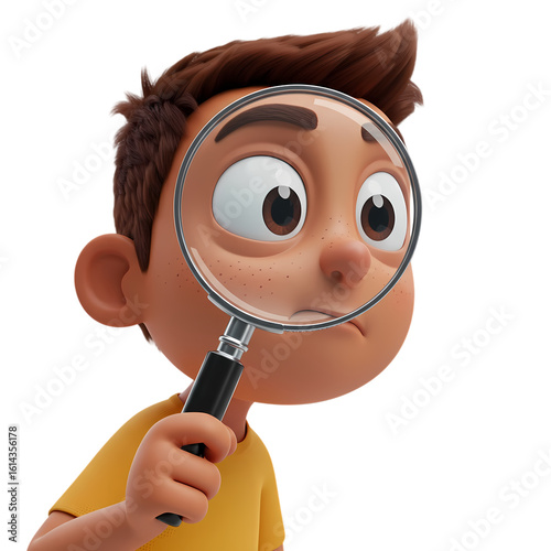 Curious Young Explorer A 3D Render of a Boy Investigating with a Magnifying Glass