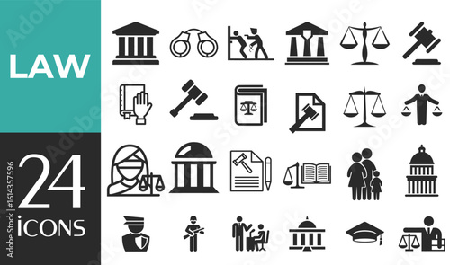 "Law and Justice Web Icon Set in Line Style — Legal, Court, Crime, Lawyer & Judgement Symbols for Web and Mobile UI