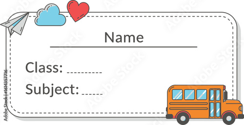 Cartoon school name tag with bus, cloud, heart, and paper airplane icons