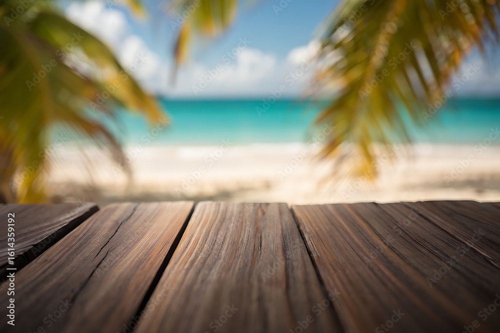 Fototapeta premium Empty Wooden Table On Tropical Beach Paradise With Turquoise Water And Palm Trees In The Background