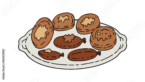 Pixel vector icon of round brown Indian sweets served on plate, ideal for festive dessert sheets, ethnic food branding, and stock sweet visuals.