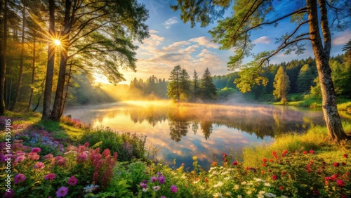 Wallpaper Mural Golden Sunrise Over Serene Lake, Mist Shrouding Trees and Vibrant Wildflowers in Full Bloom Torontodigital.ca