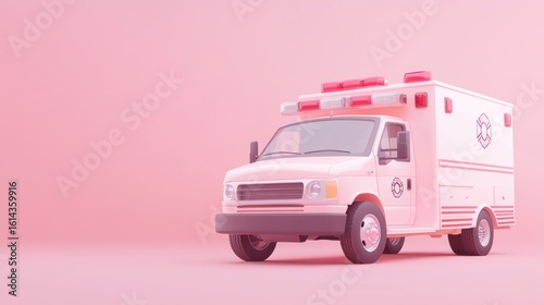 Pastel Dreams, A Stylized Pink Ambulance in a Monochromatic Setting