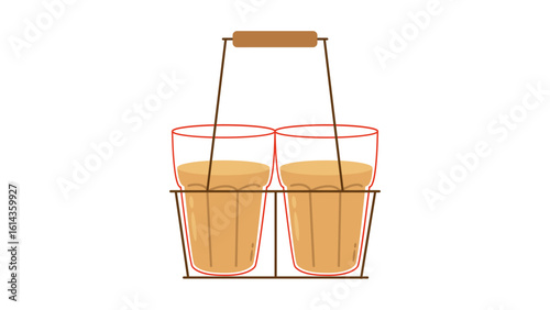 Pixel vector icon of two tea chai with glasses in a traditional carrier, representing Indian tea culture, ideal for beverage sheets, hospitality branding, and stock assets.