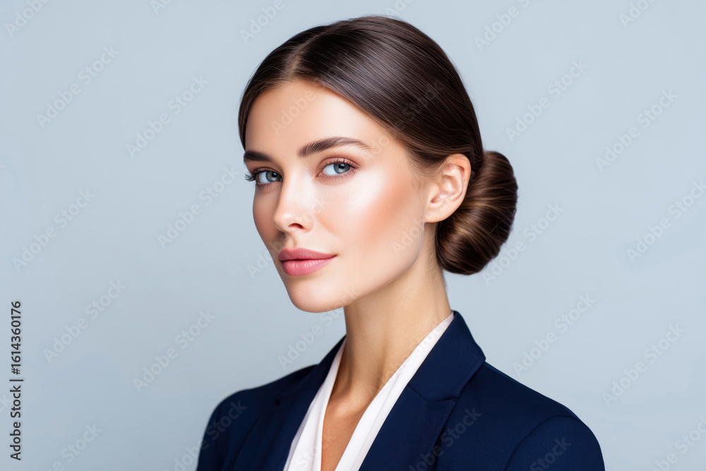 Confident businesswoman with a neat hairstyle and professional attire, posed against a clean background Confident businesswoman with a neat hairstyle and professional attire, posed against a clean background