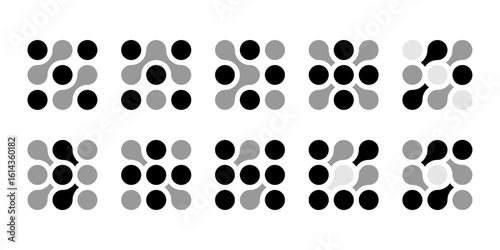 Bio cell logo, medical circuit diagonal sign. Alphabet curves as modern arrow. Innovative science integrated symbol. Connected dots merge as molecule circle. Round puzzle shape, moving round vector