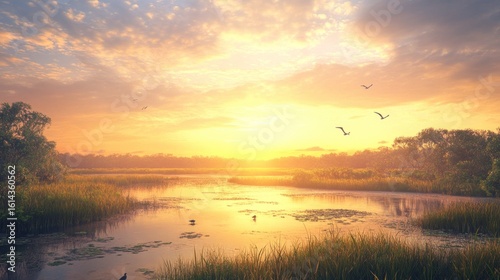 Sunrise over tranquil marsh