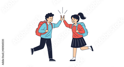 Two happy students with backpacks high-fiving each other celebrating success and friendship on their first day back to school