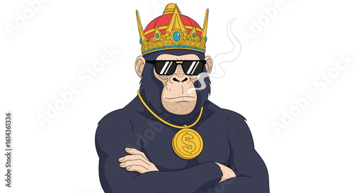 Cool chimp king wearing sunglasses and smoking a cigarette with crossed arms and a gold chain