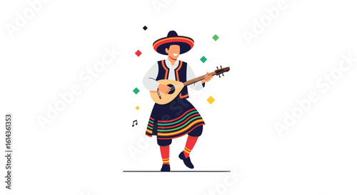 Festive traditional music performance by a musician in ethnic costume dancing energetically