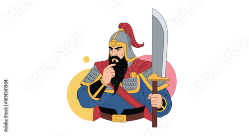 The mighty warrior with a fearsome beard and gleaming blade stands ready for battle
