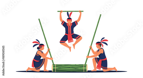 Tribal performers engage in rhythmic bamboo dance celebration capturing cultural heritage and festive spirit