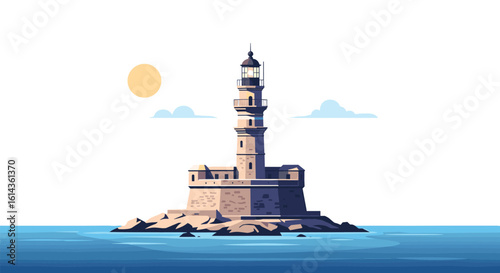 A majestic stone lighthouse stands on a rocky island surrounded by the vast blue ocean under a bright sunny sky with fluffy clouds in the distance