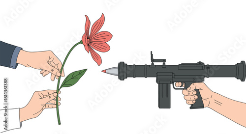 A delicate flower offered with kindness meets a weapon aimed with intent to destroy conflict resolution