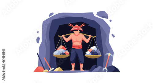 Miner carries heavy loads of precious minerals from the deep dark cavern using a balance scale