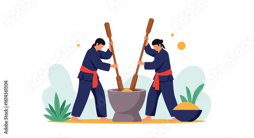 Traditional asian martial arts training involves pounding grains using large wooden mallets in a stone mortar
