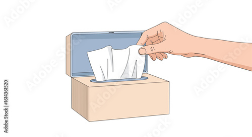 A person's hand reaches into a tissue box and pulls out a sheet of paper towels