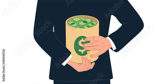 A person in a suit holds a bag full of money behind their back illustrating financial security and wealth accumulation