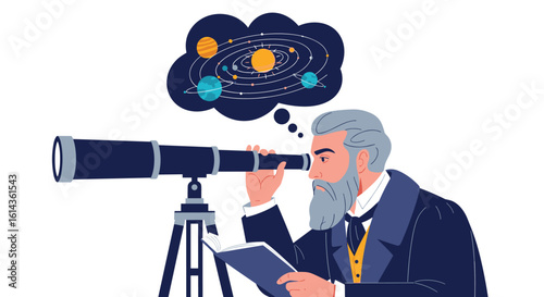 An old man with a long beard looks through a telescope at the stars and planets in his thoughts