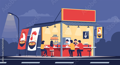 Cozy street food stall serving delicious noodle soup to customers under warm evening lights