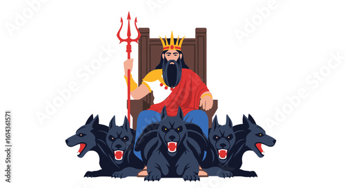 Mythological king of the underworld sitting on throne with fierce cerberus dogs guarding the gates of hades