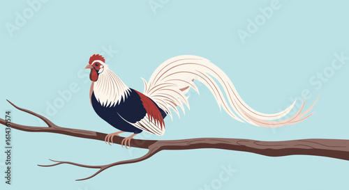 A majestic rooster perched upon a gnarled branch under a serene sky