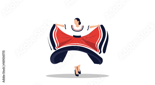 Costa rican woman dancing in traditional folkloric dress with colorful skirt and festive movement