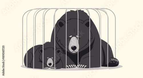 A large black bear and a smaller cub are trapped inside a white wire cage showing sad expressions